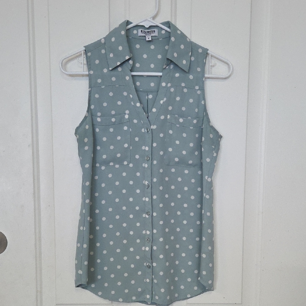 Express Sleeveless Polka Dot Button Down - Light Green